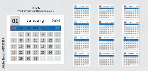 2024 Desk Calendar Planner Templates for a company or home. Simple full page calendar in vector format with Sunday as the start of the week.