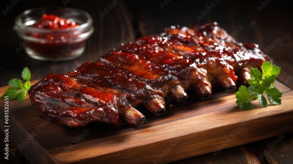 Barbecue pork ribs with barbecue sauce and ketchup on wooden board
