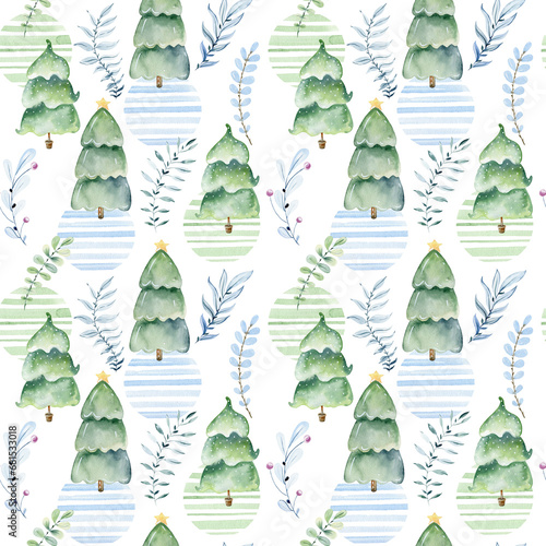 Watercolor forest seamless pattern with winter herbs and trees.