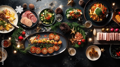 Dinner table with variety of food on dark background. Top view