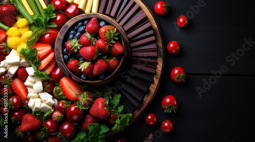 Fresh fruits and berries in wooden bowl on black background, top view