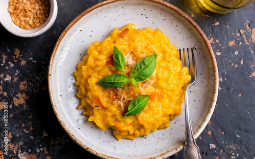 Capture the essence of Risotto Alla Milanese in a mouthwatering food photography shot Generative AI