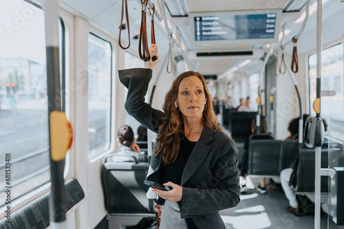 Female passenger holding smart phone while standing in train photo