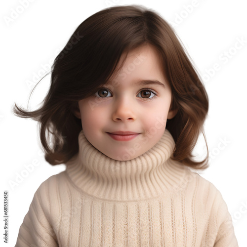 Cute Little Brunette Girl in Cozy Knitted Turtleneck Sweater - Positive and Friendly Vibe. Isolated on Transparent Background