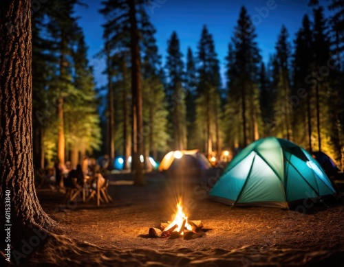 Forest camping with camp fire at night with blue tent for active rest and tourists hiking while traveling at vacation and holiday trips