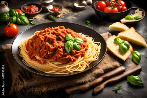 Heaped plate of Italian spaghetti Bolognaise