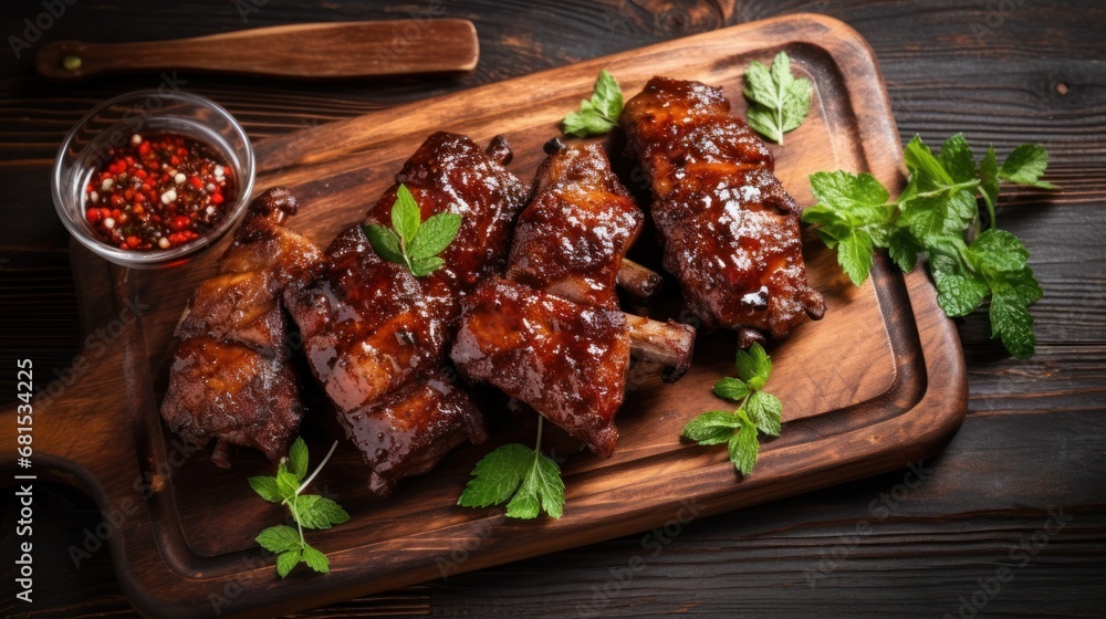 Grilled pork ribs with spices on cutting board on dark wooden background