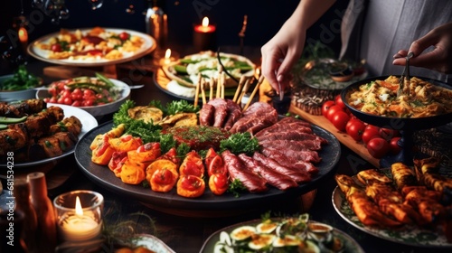 Group of different meat dishes on the table  close-up