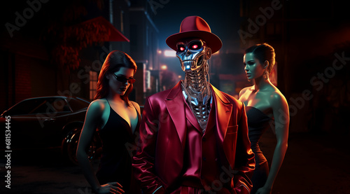 Robopimp, a picture of a robot pimp with his girls, cinematic lighting,  bokeh and reflection, 