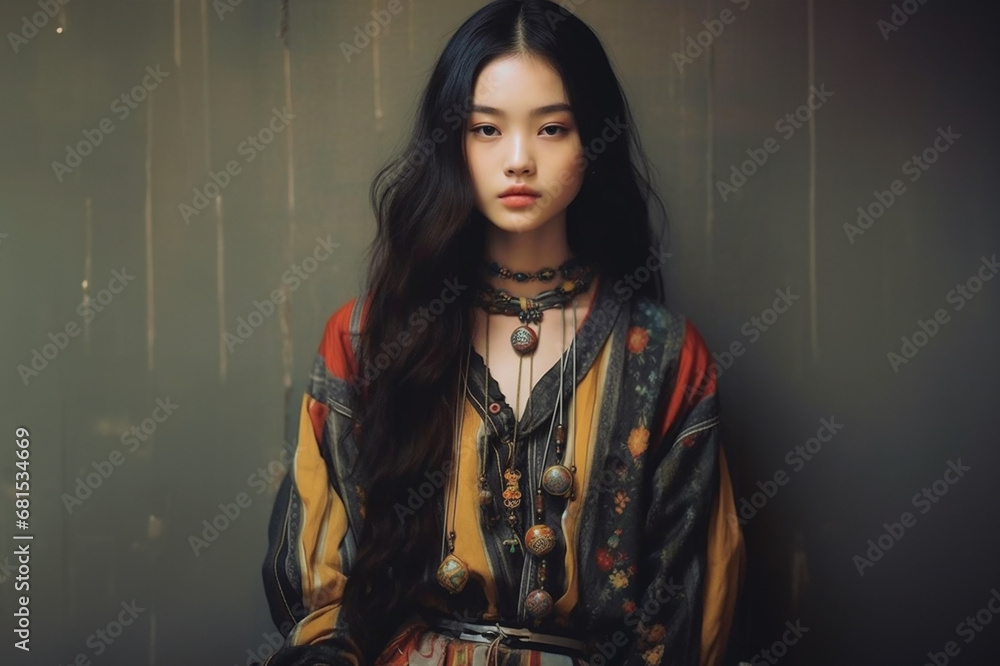 혼혈 동양인 소녀가 집시스타일의 옷을 입고 정면을 응시합니다. Stock Photo | Adobe Stock