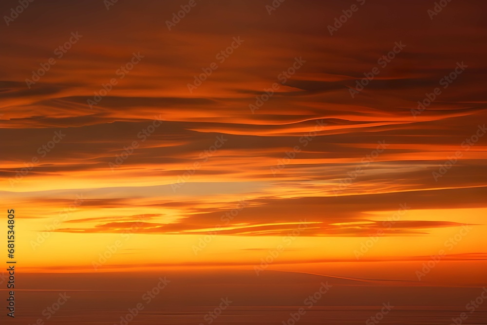 夕焼けの空に映る雲のグラデーション、深紅から明るいオレンジまでの色彩が美しい夜の幕開け
