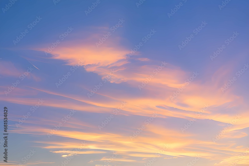 青い空に映るピンクとオレンジの雲、朝焼けの空が見せる素晴らしい光景、新たな一日への期待が高まる瞬間