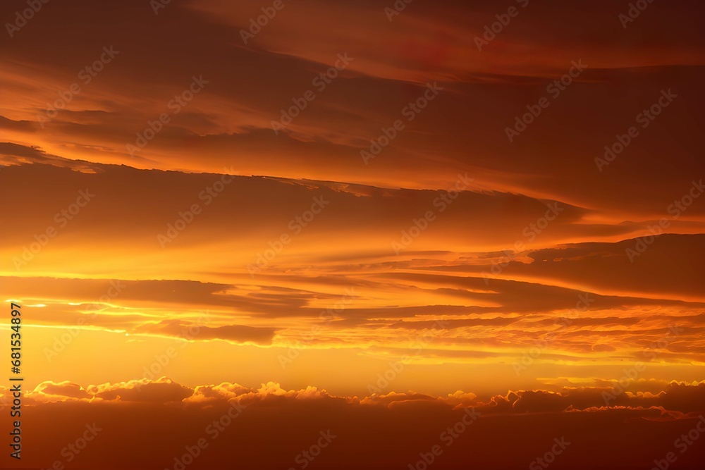 夕焼けの空に映る雲のグラデーション、深紅から明るいオレンジまでの色彩が美しい夜の幕開け