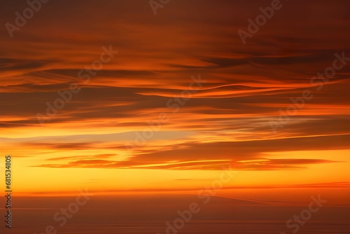 夕焼けの空に映る雲のグラデーション、深紅から明るいオレンジまでの色彩が美しい夜の幕開け