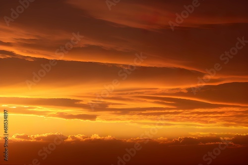 夕焼けの空に映る雲のグラデーション、深紅から明るいオレンジまでの色彩が美しい夜の幕開け