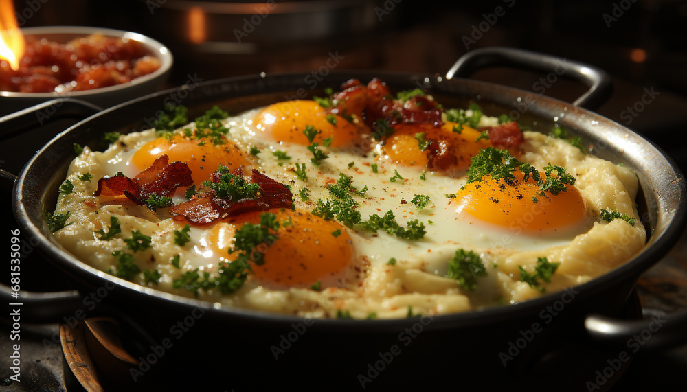 Freshly cooked gourmet meal fried egg on a rustic plate generated by AI