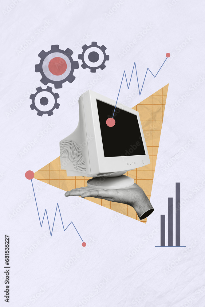 Computer Vertical Images Vertical creative photo composite collage of palm hold small retro ...