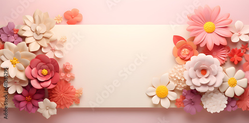 Pink color framework for photo or congratulation with paper blossom and flowers.Woman's day, 8 march, Easter, Mother's day, anniversary © Oksana