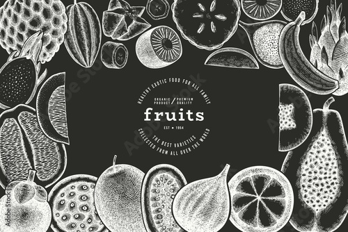 Tropical Fruit Design Template. Vector Hand Drawn Exotic Fruit Chalk Board llustration. Vintage Style Menu Illustration.