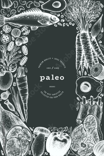 Paleo Diet Chalk Board Design Template. Vector Hand Drawn Healthy Food Banner. Vintage Style Menu Illustration.