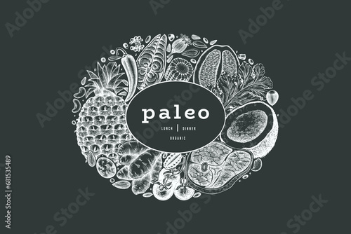 Paleo Diet Chalk Board Design Template. Vector Hand Drawn Healthy Food Banner. Vintage Style Menu Illustration.