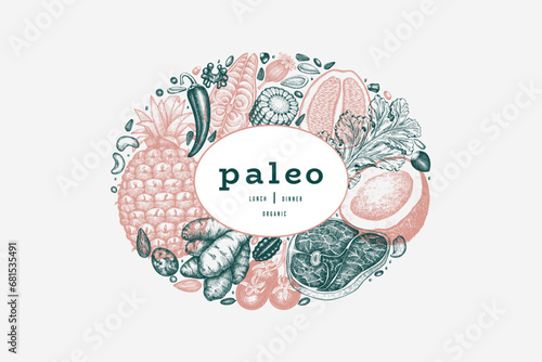 Paleo Diet Design Template. Vector Hand Drawn Healthy Food Banner. Vintage Style Menu Illustration. photo