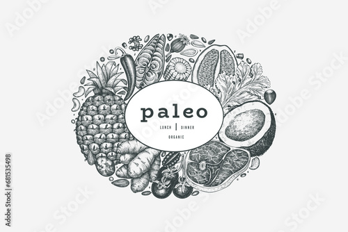 Paleo Diet Design Template. Vector Hand Drawn Healthy Food Banner. Vintage Style Menu Illustration.