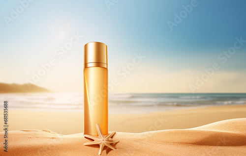 sun protection cream in gold bottle on the beach, morning sea background photo