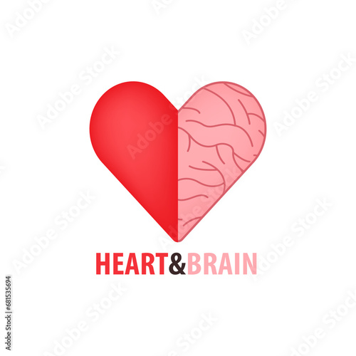 Halves of heart and brain. Concept of heart and brain, conflict between emotions and rational thinking, teamwork and balance between soul and intellect. Banner, flyer, web poster. Vector illustration