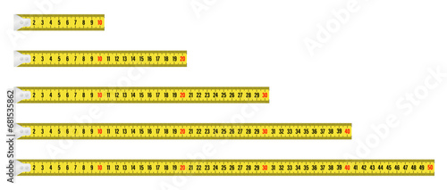 Yellow and black measure tape ruler 10, 20, 30, 40 and 50 cm yellow school measure ruler. metric measurement. School equipment. Realistic tape for tool roulette in flat style. Vector illustration