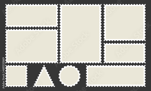 Post stamps. Empty stamps set. Postal shapes border. Blank frames for mail letter. Postage perforated templates. Collection paper postmarks isolated on background. Vector illustration