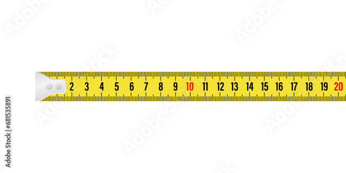 Yellow and black measure tape ruler 20 cm isolated on white background. Realistic tape for tool roulette in flat style. Metric measurement. Vector illustration