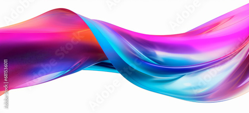 Iridescent, fabric and wave flow render on a white background for design, wallpaper or backdrop. Colourful, vibrant material and holographic fluid closeup of curves graphic for science, 3d art and cr