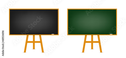 Chalkboard set. Realistic black and green board in a wooden frame isolated on a white background. Chalkboard collection. Background for school or restaurant design, menu. Vector illustration