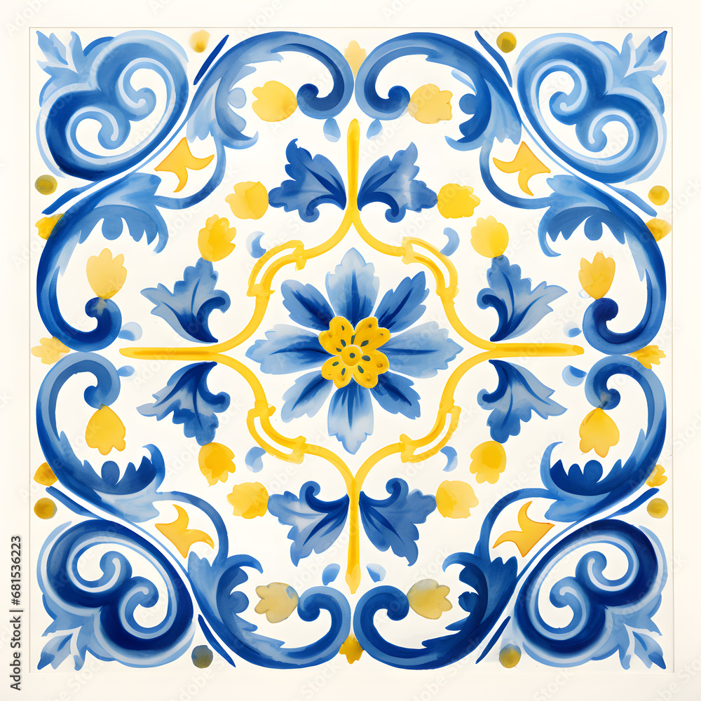 Pattern of azulejos tiles. Rustic blue and yellow tile watercolor seamless pattern Pattern of azulejos tiles. Rustic blue and yellow tile watercolor seamless pattern