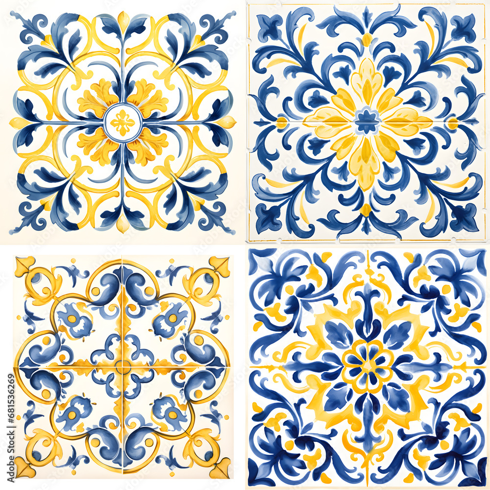 Pattern of azulejos tiles. Rustic blue and yellow tile watercolor seamless pattern Pattern of azulejos tiles. Rustic blue and yellow tile watercolor seamless pattern