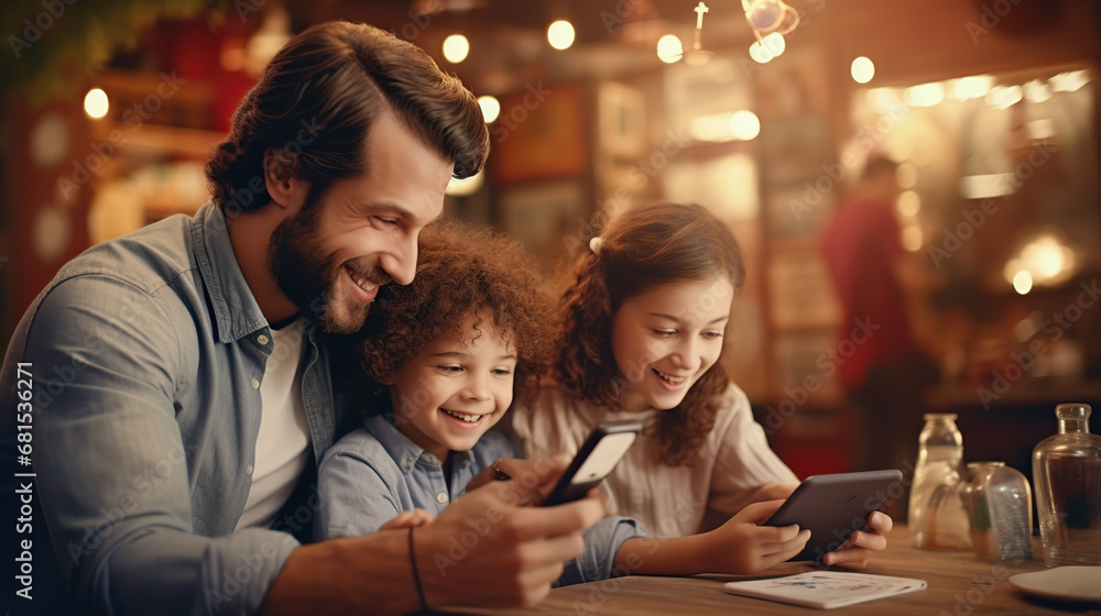 happy family using mobile phone together happy family using mobile phone together