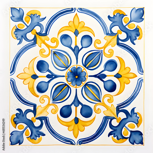 Pattern of azulejos tiles. Rustic blue and yellow tile watercolor seamless pattern 
