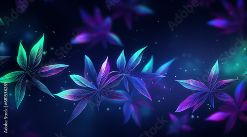Multiple neon leaves floating on an abstract  cosmic background.