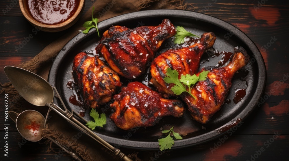 Grilled chicken wings with barbecue sauce on wooden table. Top view