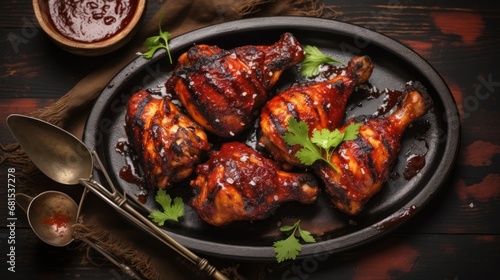 Grilled chicken wings with barbecue sauce on wooden table. Top view