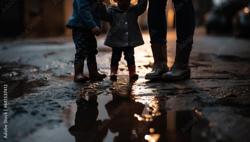 Family walking in the rain, bonding in nature reflection generated by AI