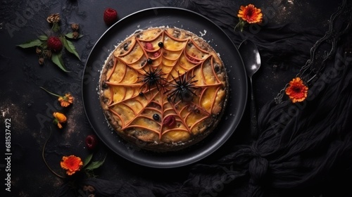 Homemade apple tart with fresh berries and spiders on a black background