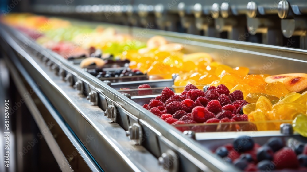Raspberries, blueberries and oranges in a row on conveyor belt