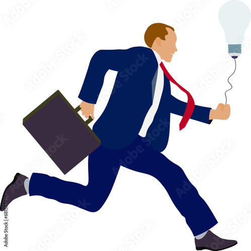 idea, innovación, hombre de negocios corriendo con una idea innovadora expresada con el foco, sin fondo, fondo transparente