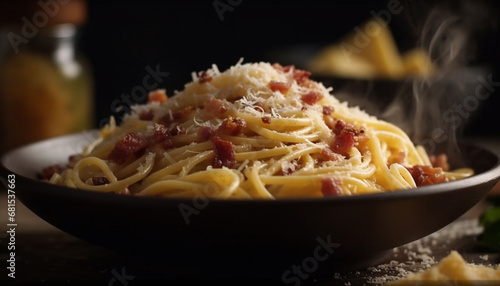 Homemade linguini with bolognese sauce and parmesan cheese slice generated by AI