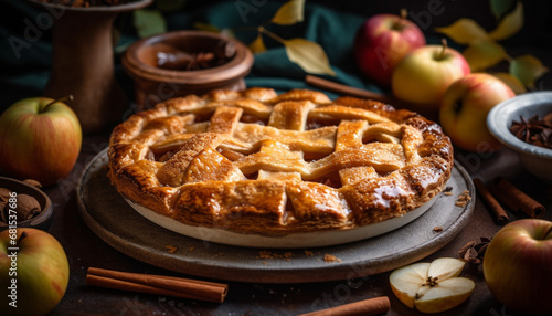 Homemade apple pie, a sweet indulgence on a rustic table generated by AI