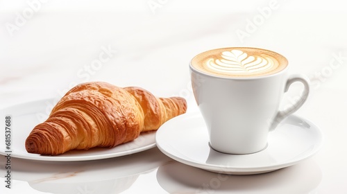 Coffee cup and croissant on a white background