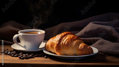 A coffee cup next to a croissant on a wooden table