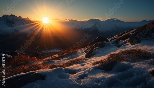 Majestic mountain range, frozen in winter, tranquil sunrise over snow generated by AI
